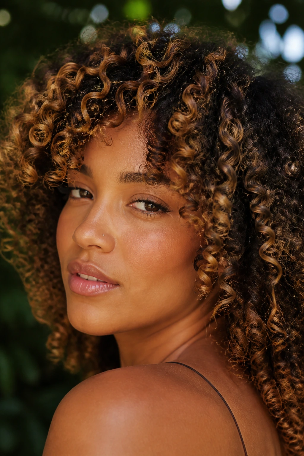 Close-up of natural coils with honey glaze ribbons on real person