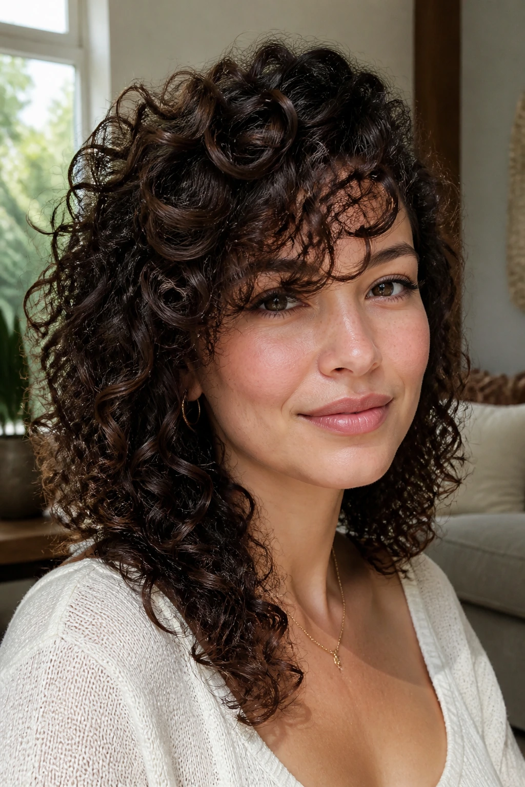 Close-up portrait of a real person with natural curls and a side fringe