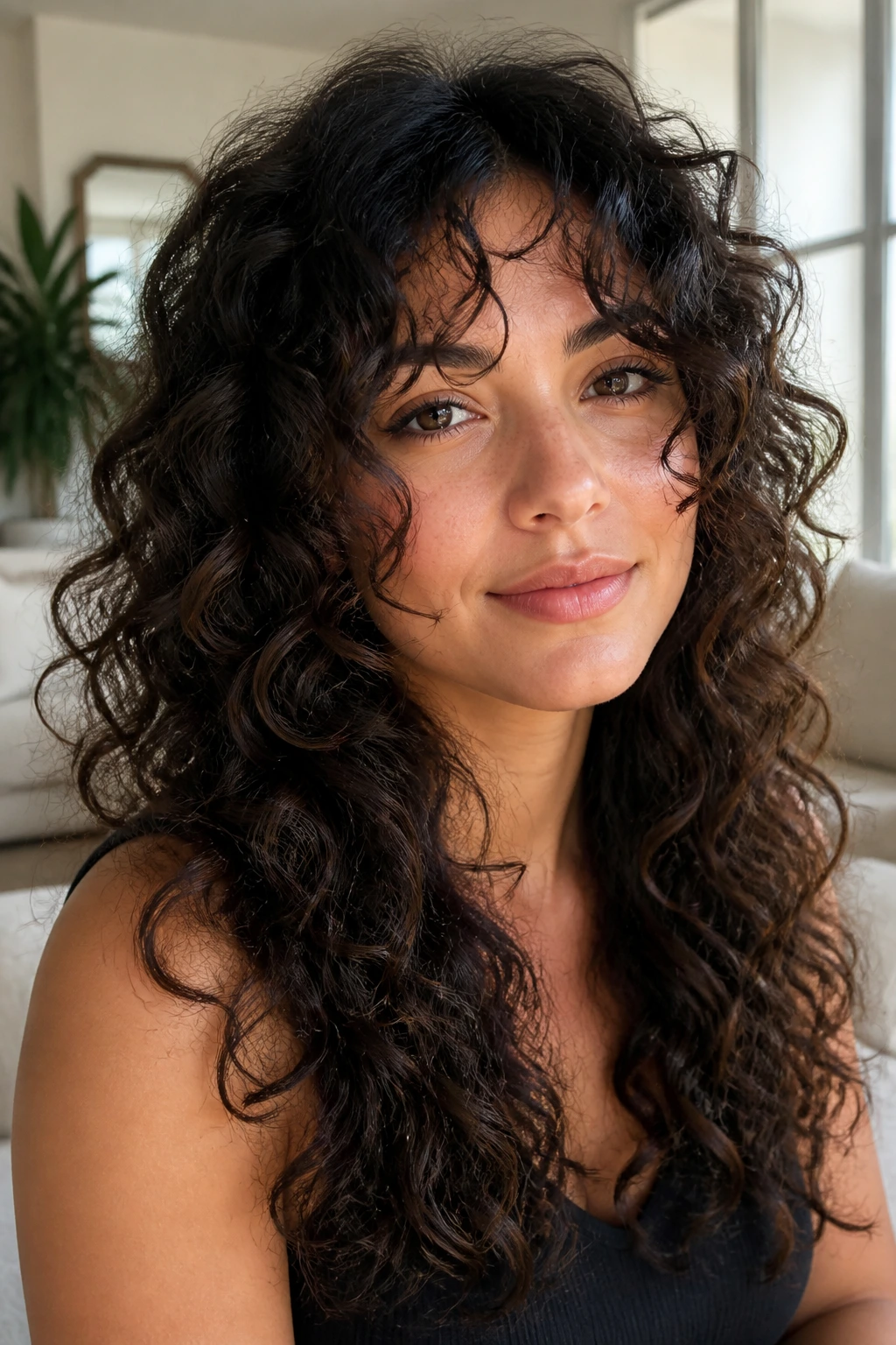 Portrait of a real woman with natural curls and cheek-hugging layers