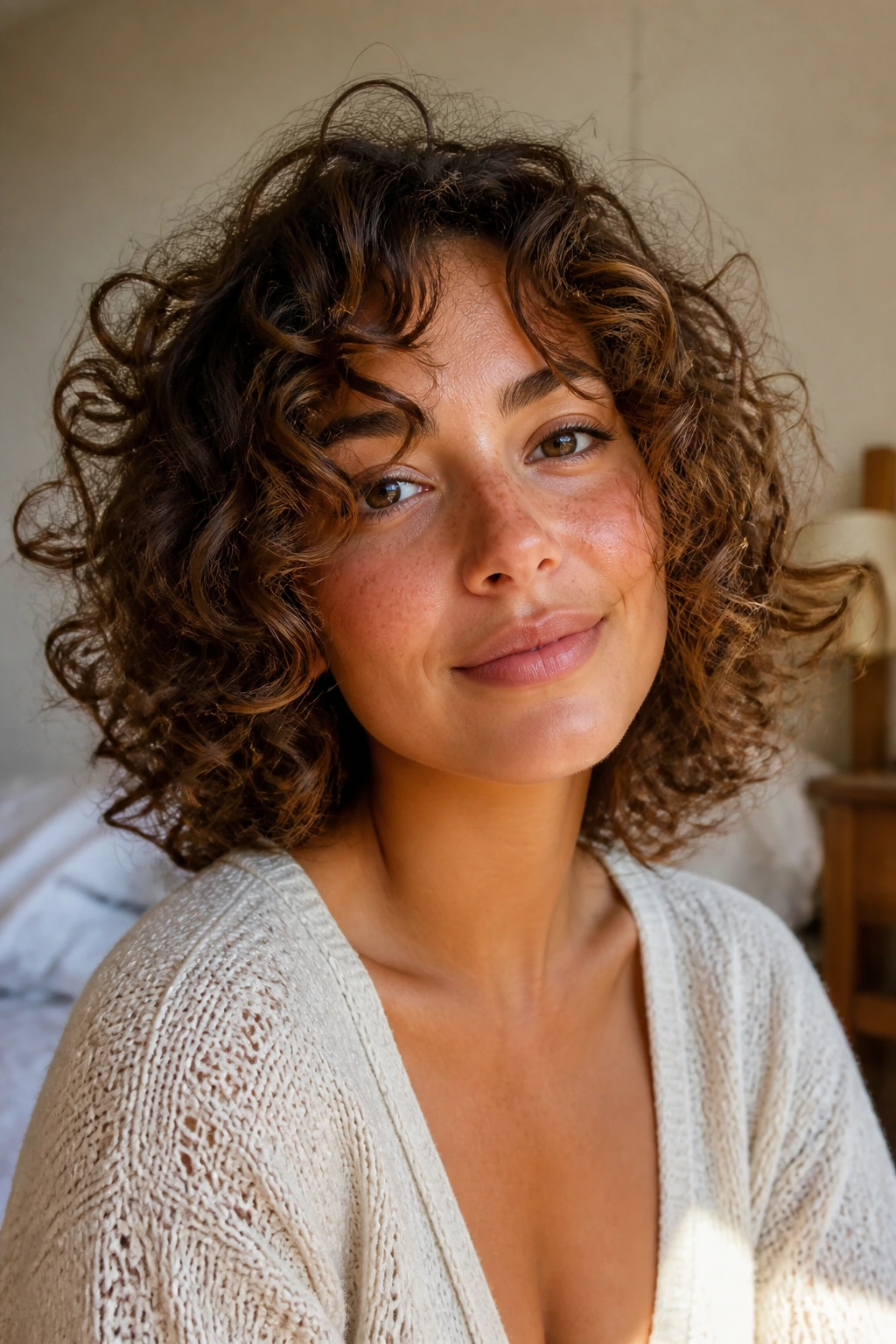 Close-up portrait of natural curls on a real person in warm window light