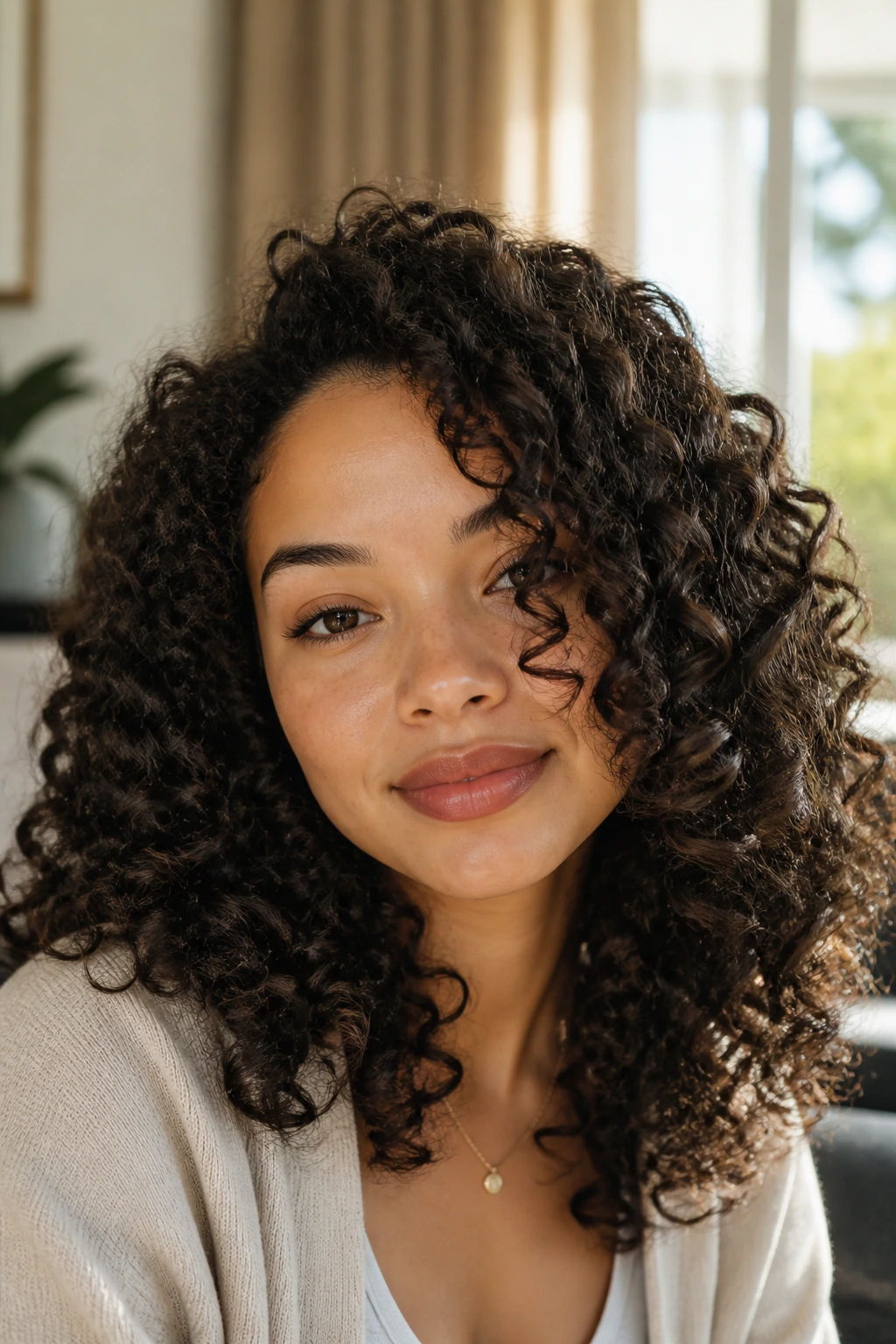 Close-up of a real woman with glossy natural curls and off-center part