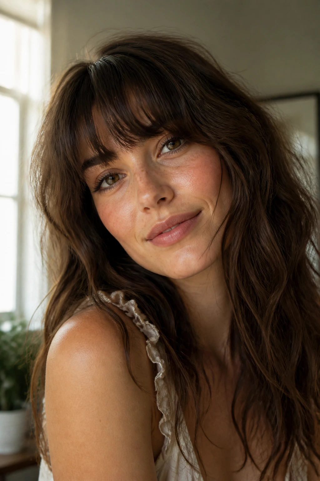 Natural brunette fringe blending with face in sunlit room