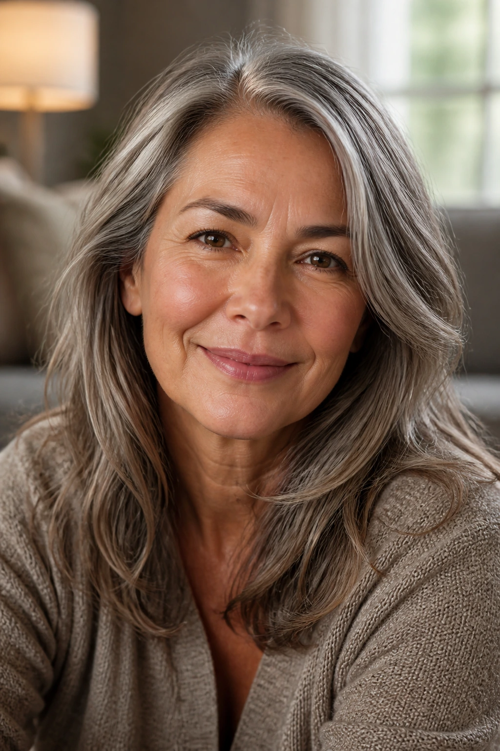 Close-up portrait of a warm-skinned person with natural-looking grey hair in soft home lighting