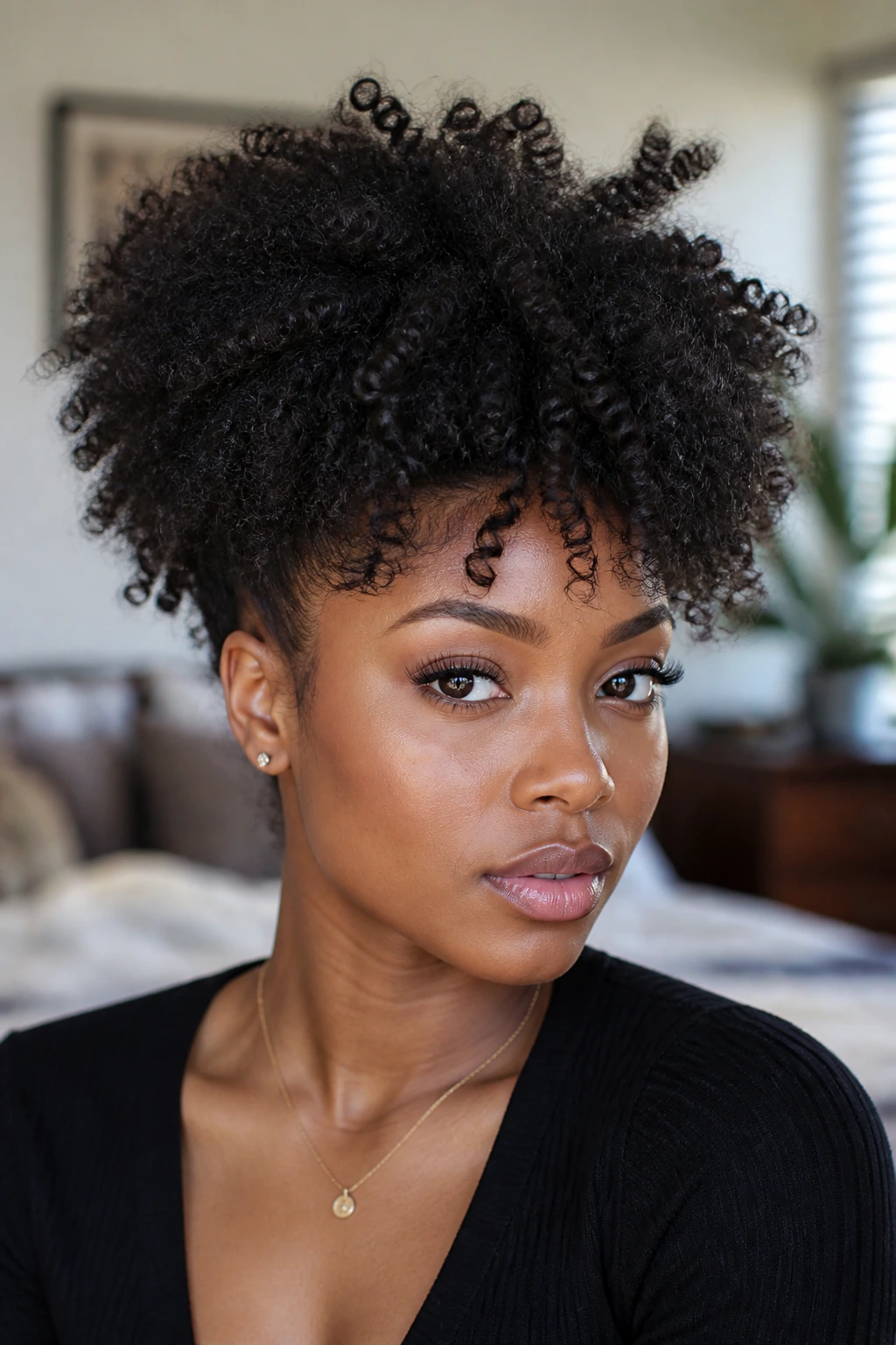 Close-up of a real person with natural hair texture and volume
