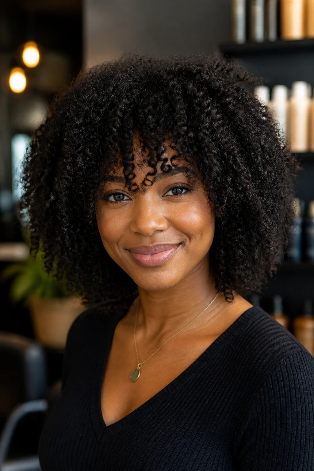 Close-up portrait of a real woman with natural curls and layered fringe in a salon