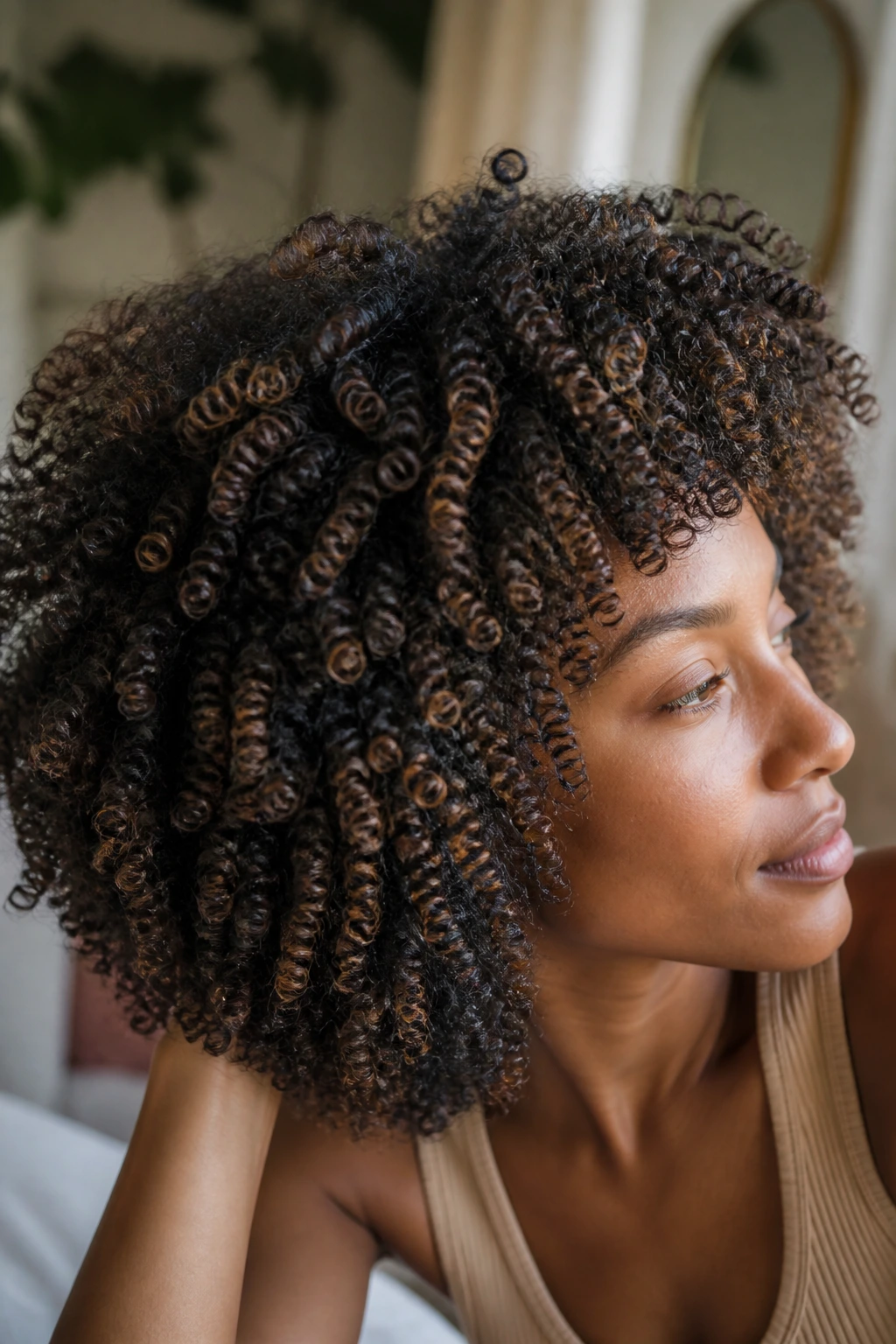 Close-up of natural hair texture with subtle lowlights