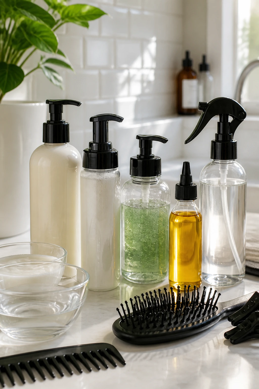 Flat lay of natural hair prep products on vanity