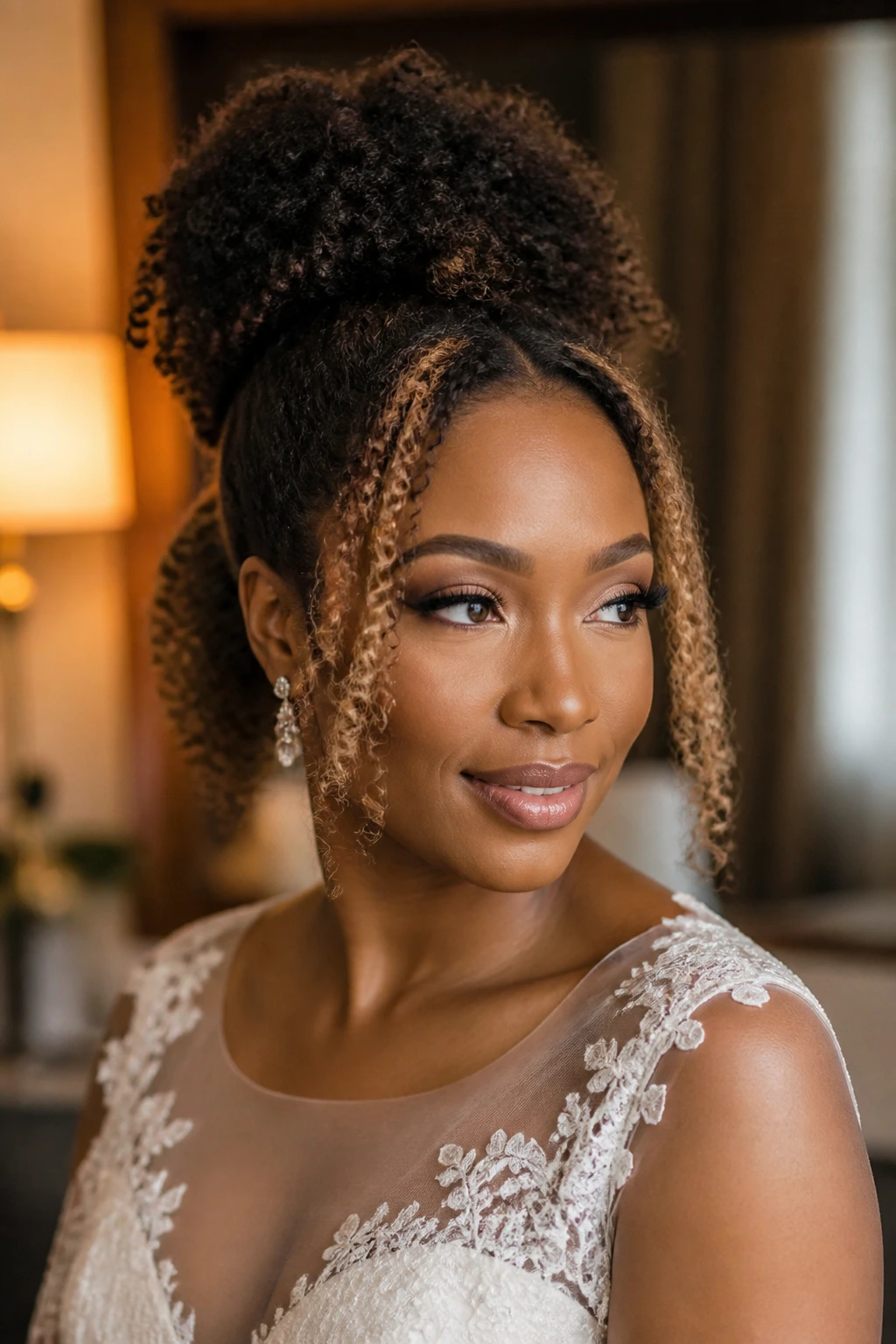 Real bride with natural hair puff half-up framing the face.