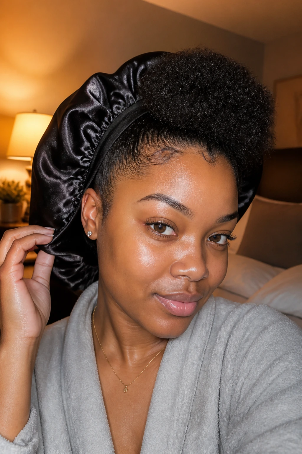 Close-up of natural hair with front puff under satin bonnet, bedroom scene