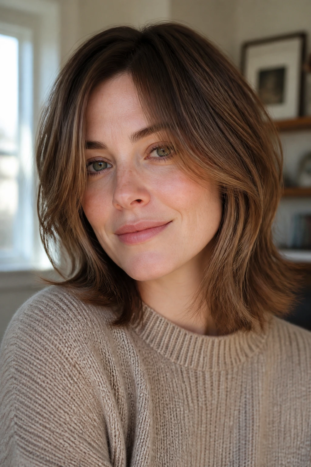Real woman with natural shoulder-length hairstyle in a cozy home setting.