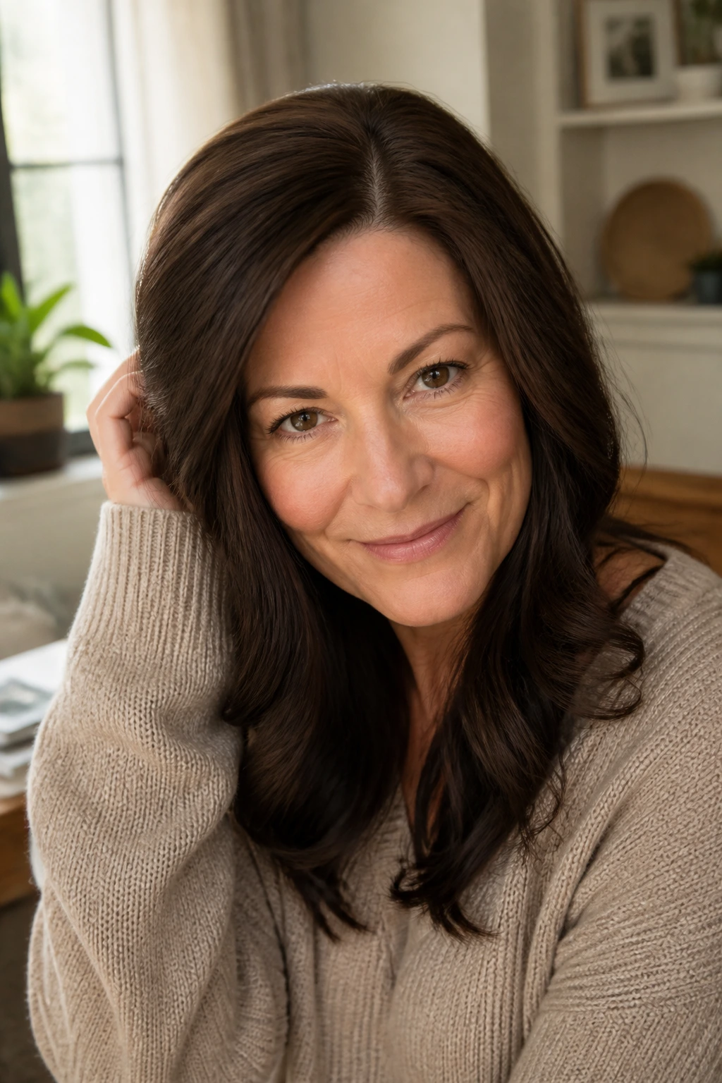 Real person wearing a natural-looking monofilament wig that blends with everyday life