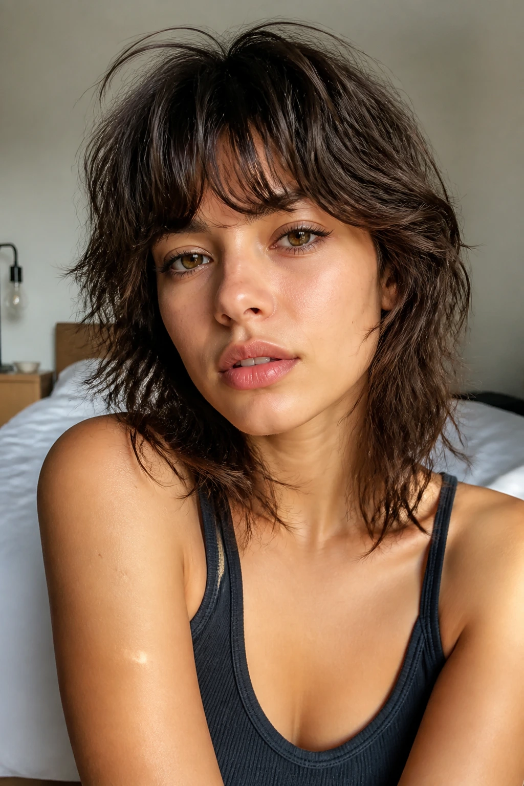 Close-up of real person with natural textured shag and settling bangs