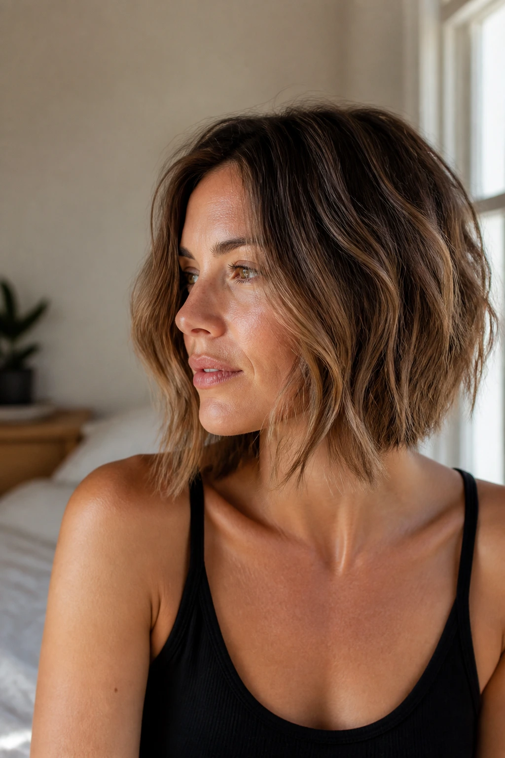 Close-up portrait of a real woman with natural wave A-Line Bob in soft natural light.