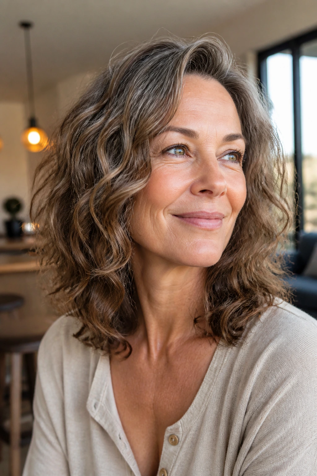 Real person with natural waves after a dry cut in a warm-lit apartment