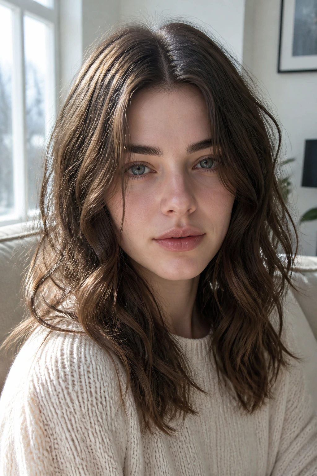 Close-up of a real woman with air-dried natural waves in medium brunette