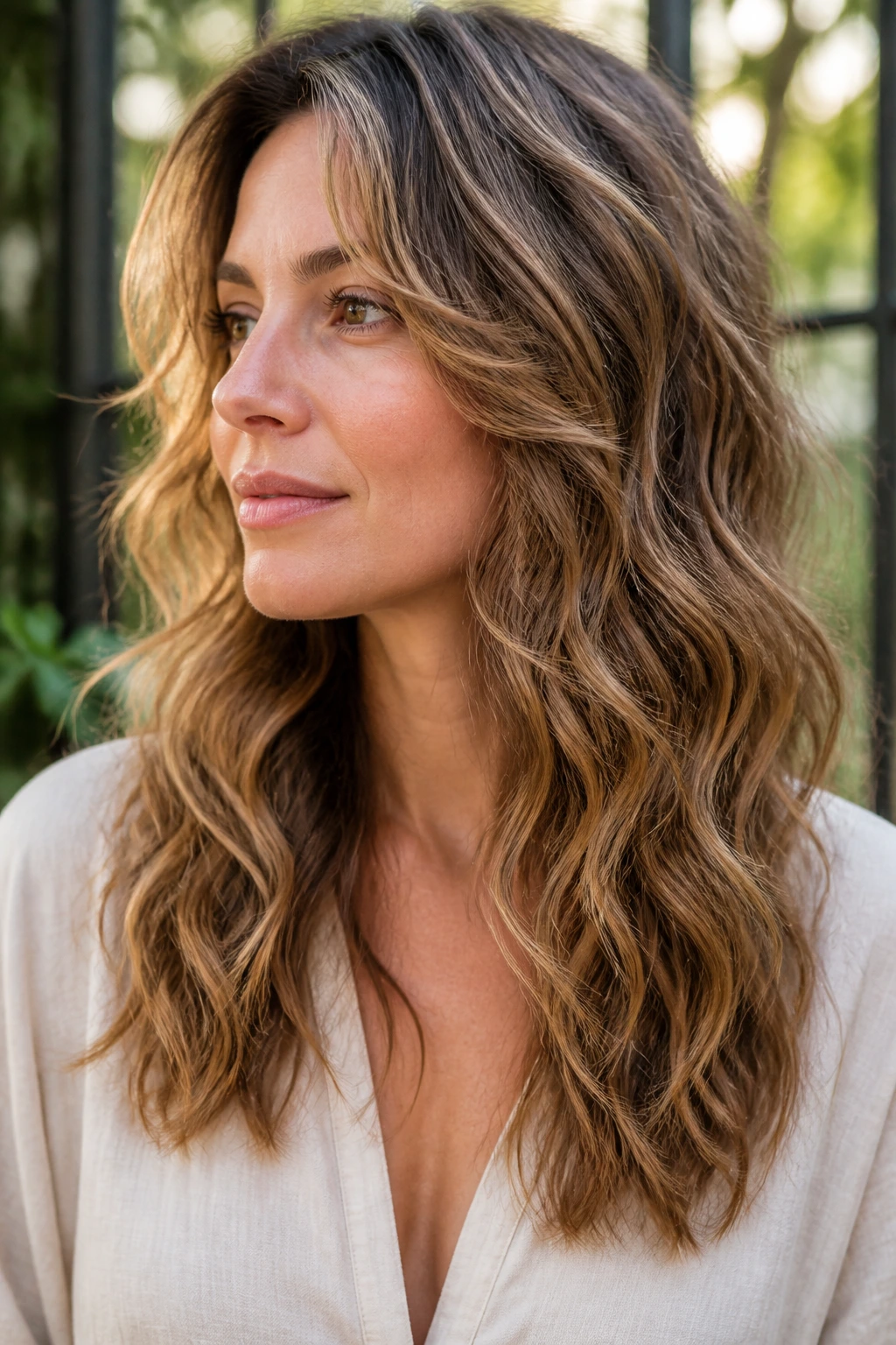 Portrait of a real woman with natural waves shaping the haircut as waves do the work