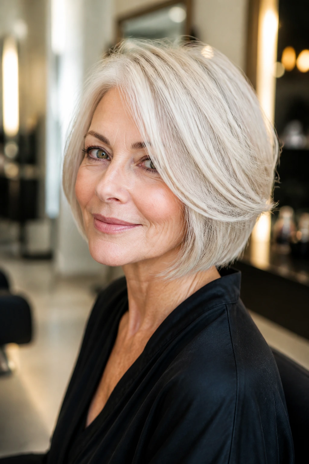 Close-up portrait of a real woman with a natural white hairstyle featuring babylights.