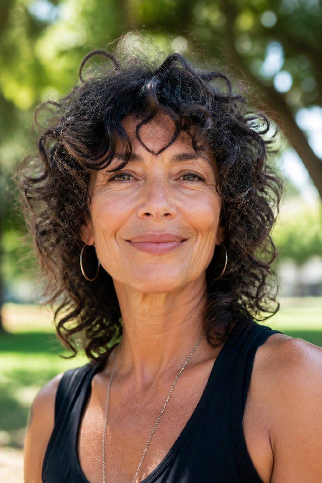 Close-up of a real woman with naturally curly shag in a park setting