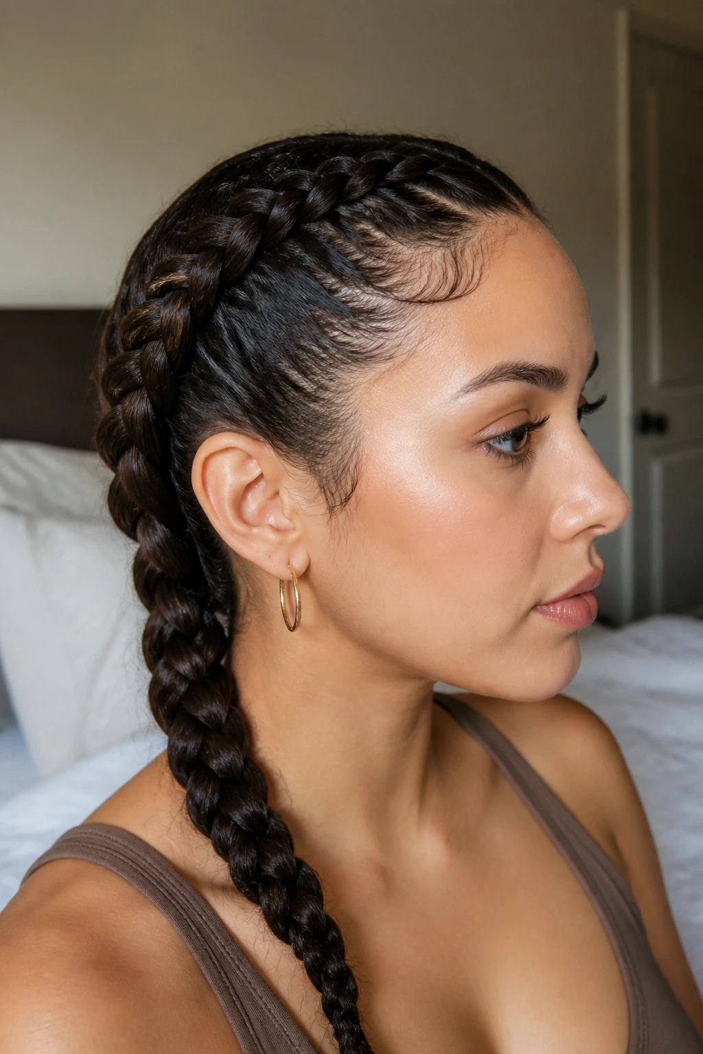 Real woman with a sleek neat braid filling the frame in a bedroom