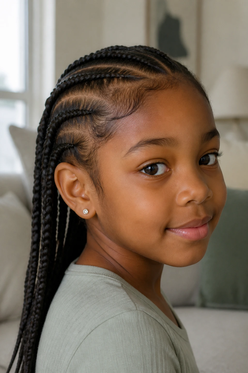 Child with neat braids and calm edges in a cozy room.