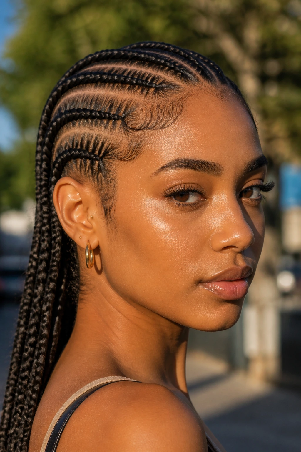 Close-up of a woman with neat, defined braids in golden-hour light