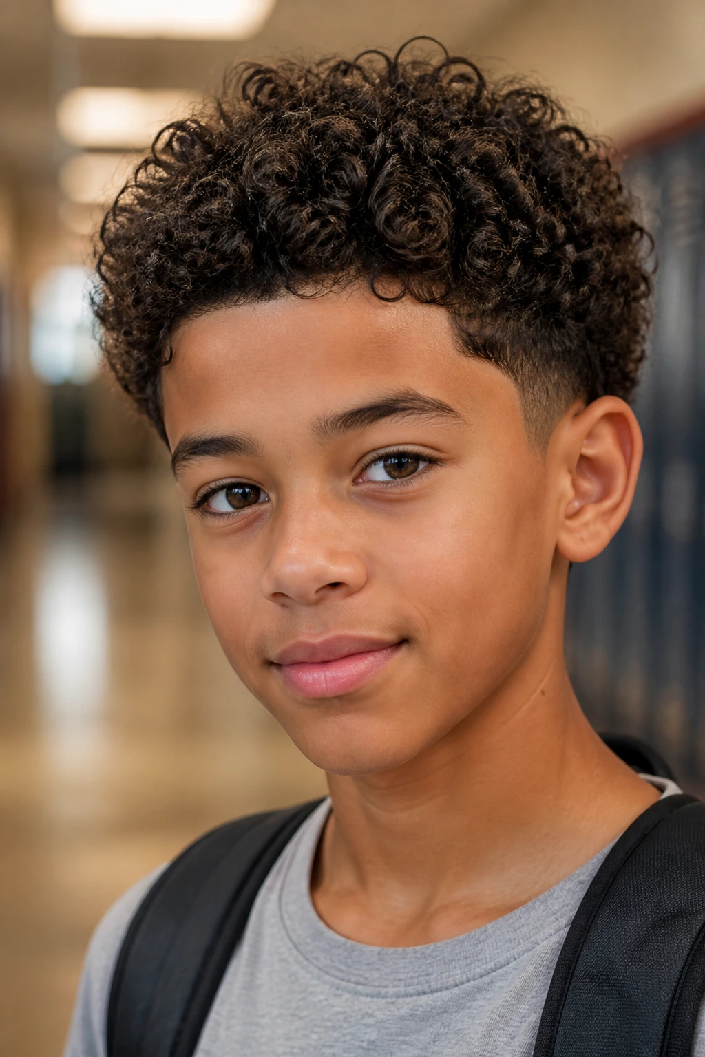 Boy with neat curly cut and defined curls in a school hallway