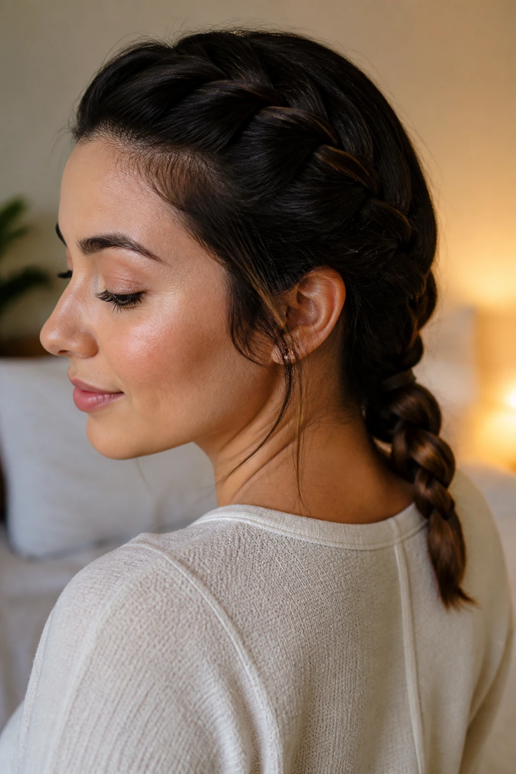 Real woman with a neat low French braid at the nape in soft bedroom light