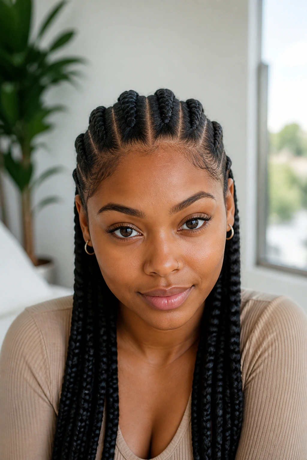 Close-up of four neat rows braided across the scalp on a real person
