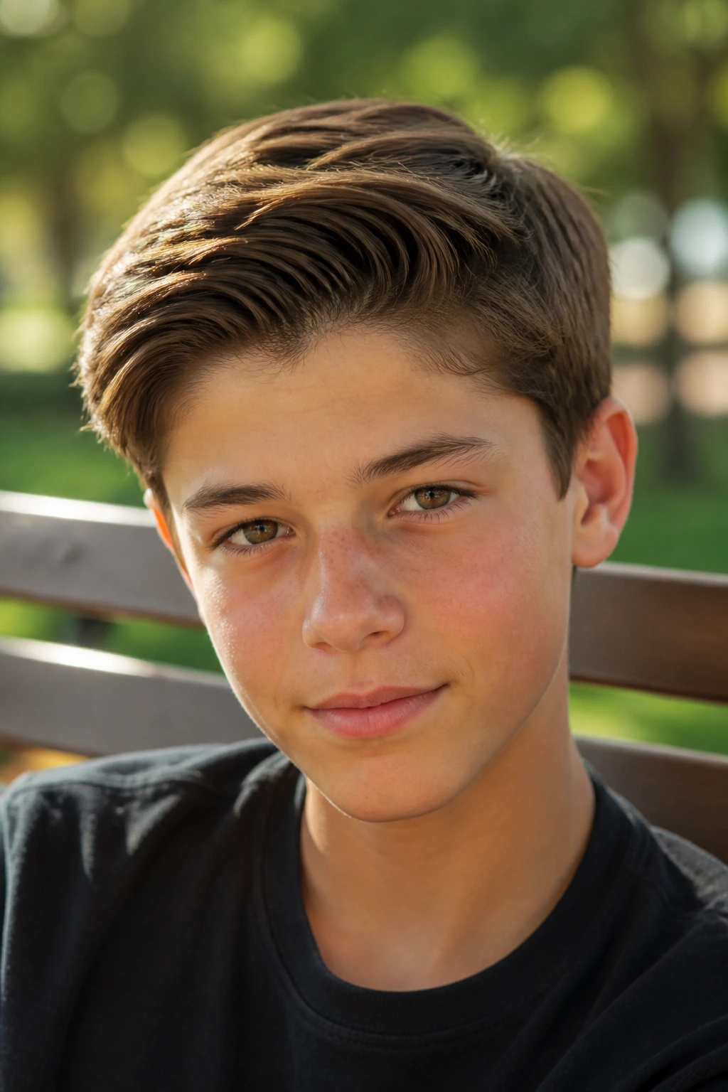 Boy with neatly swept swoop and off-center part in natural light.