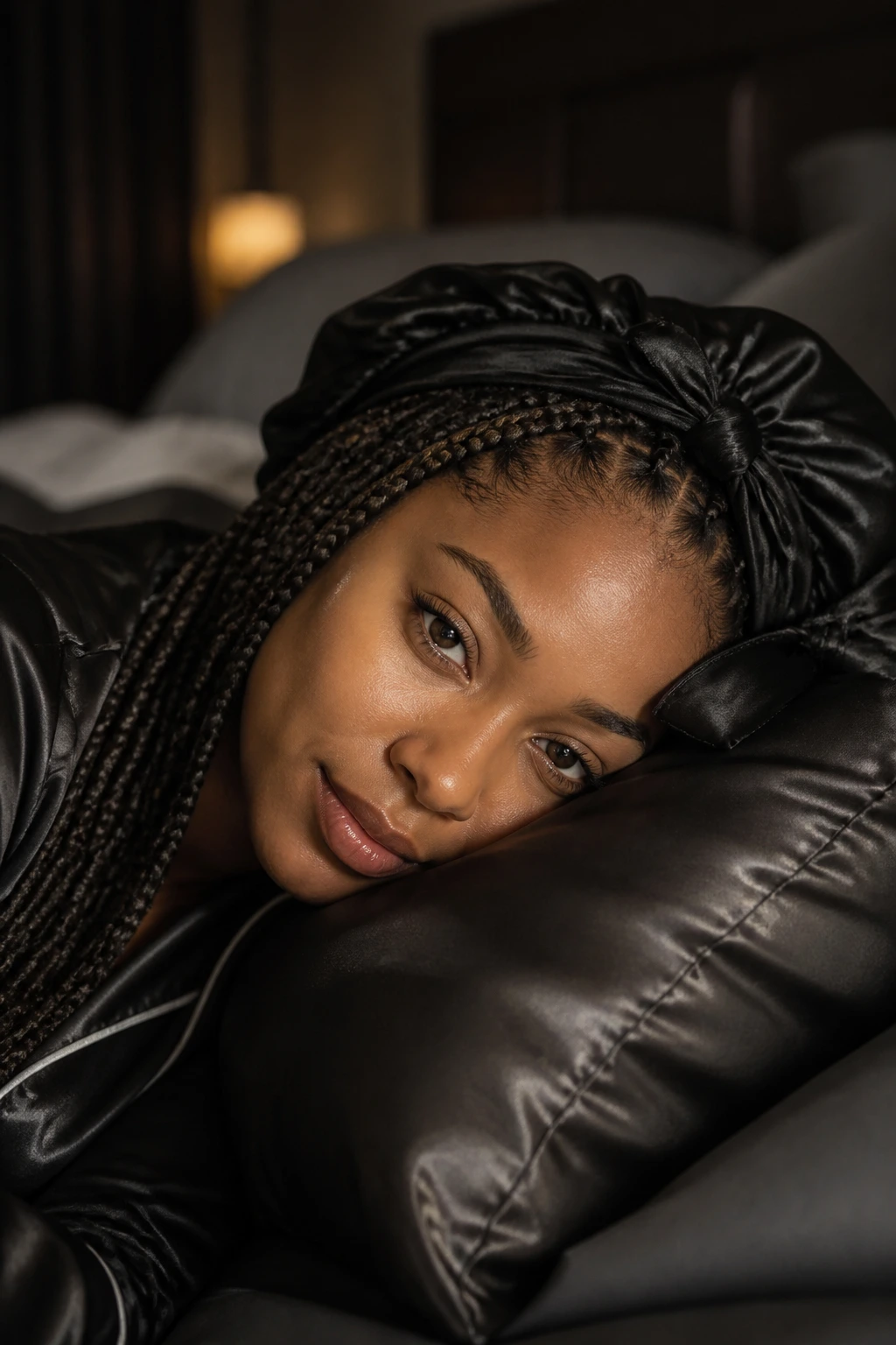 Close-up of a real person with neatly braided hair in a satin pillow bedroom setting
