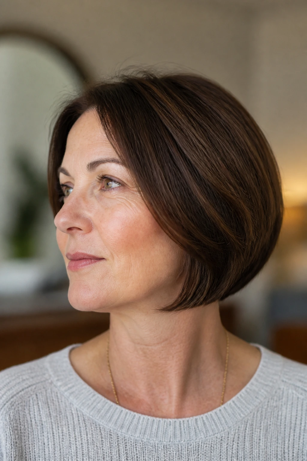 Woman with neck-length bob maintaining shape between trims in a calm setting