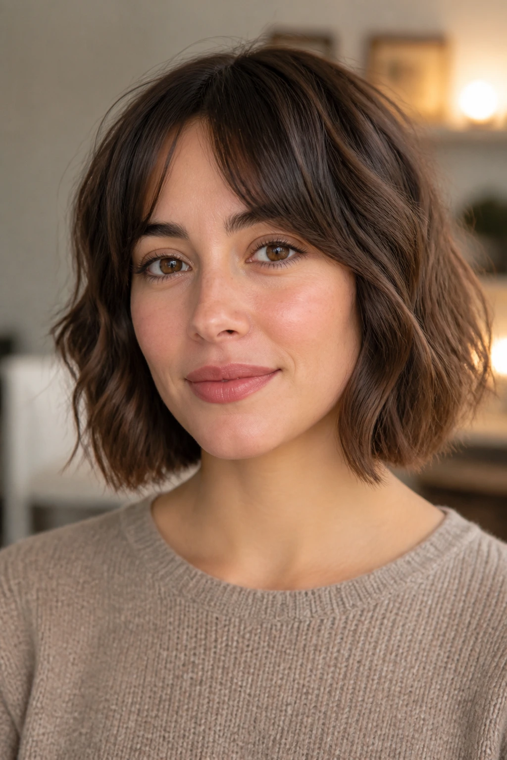 Portrait of a woman with neck-grazing bob and bottleneck bangs