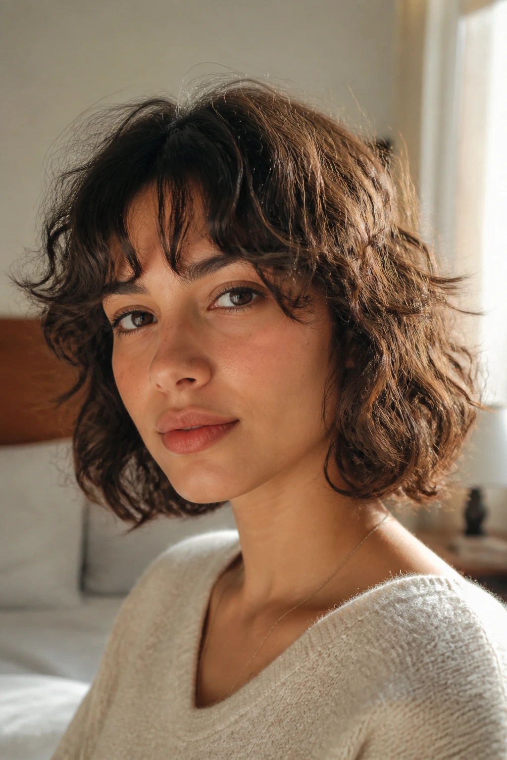 Close-up of a real person with neck-grazing crop and wispy bangs