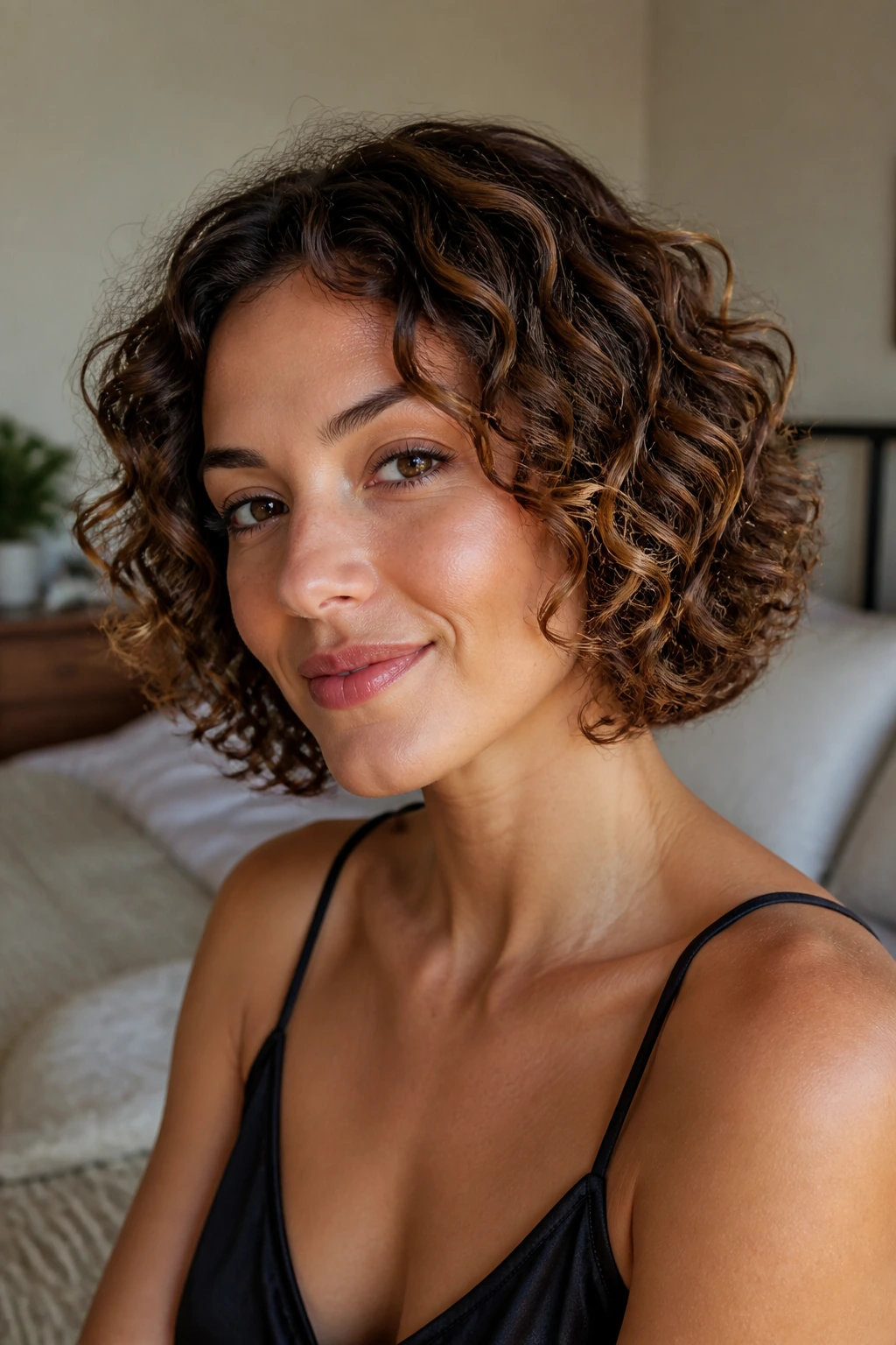 Close-up portrait of a real woman with neck-grazing curly cut and bronze lowlights in warm bedroom light