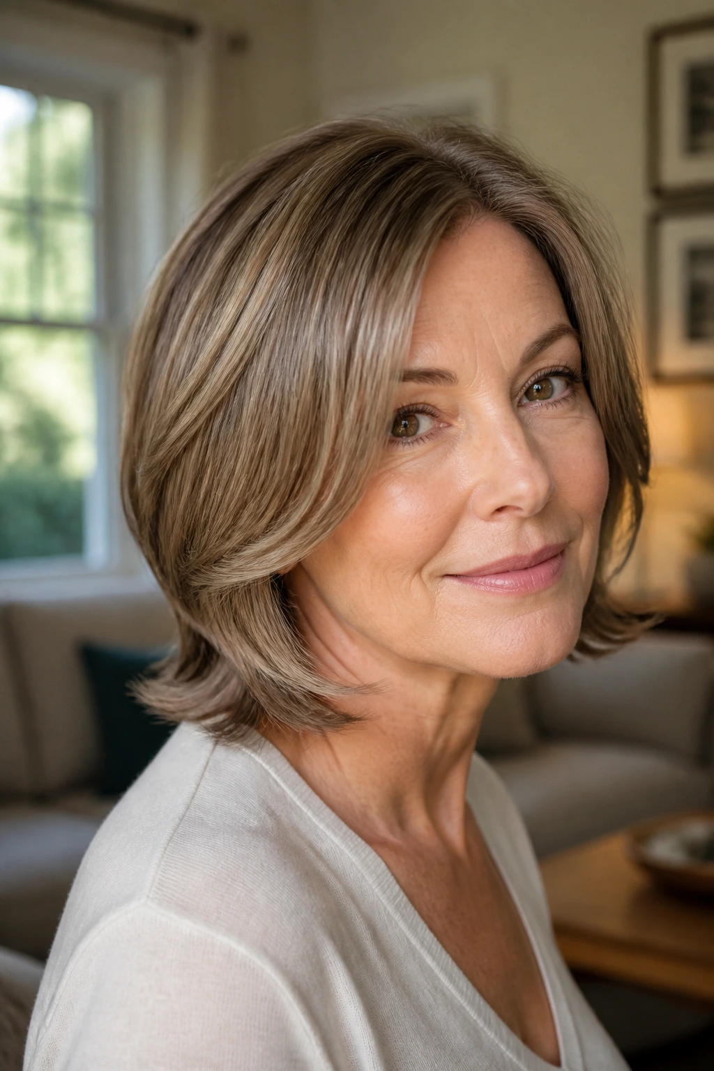 Close-up portrait of a real woman with neck-grazing flip-out layers framing the jaw