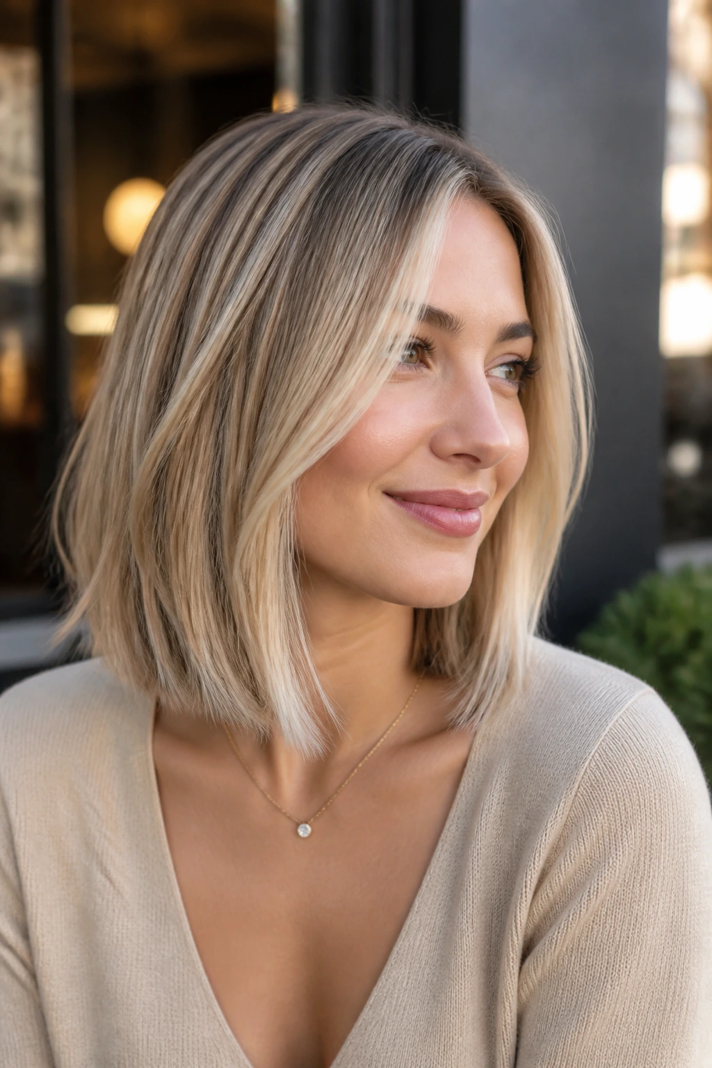 Close-up of a woman with neck-grazing lob and subtle micro-ribbons in bright cafe light