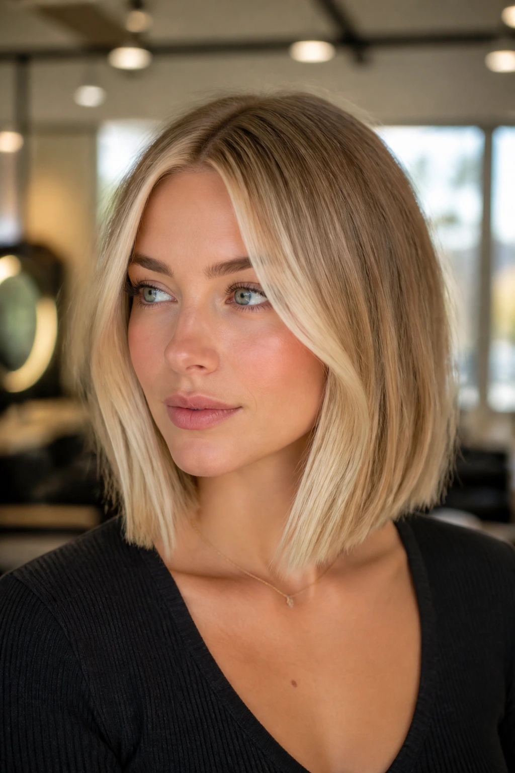 Close-up of a woman with a neck-grazing lob and bright money piece front strands