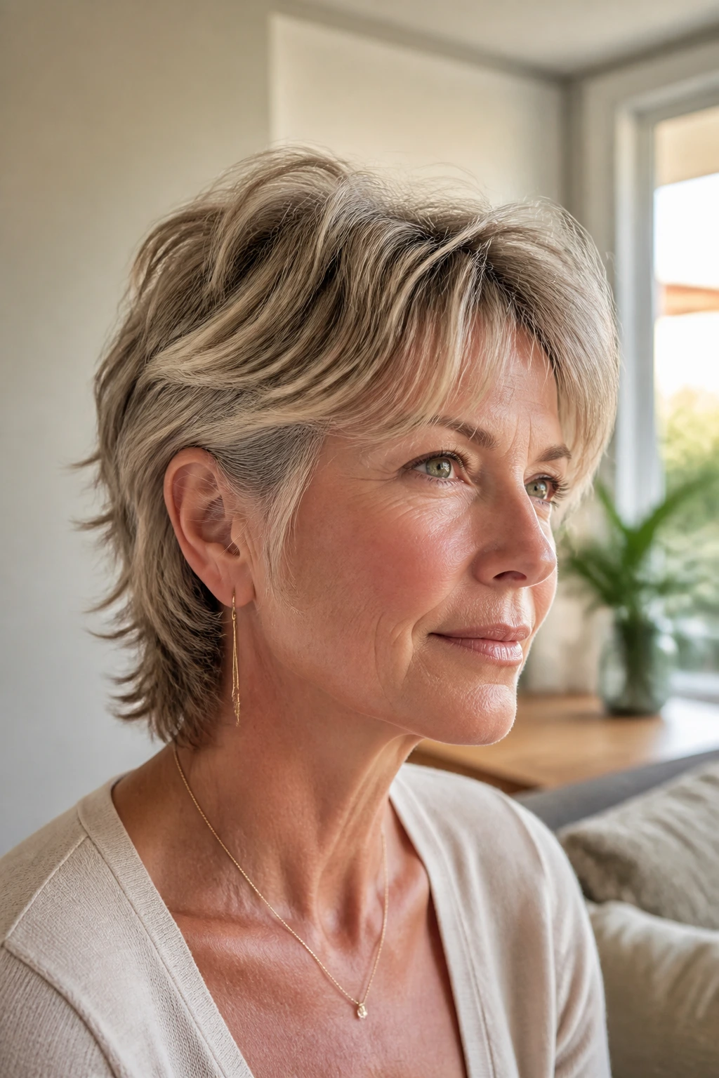 Close-up portrait of a real woman with neck-grazing soft mullet and airy face-framing layers