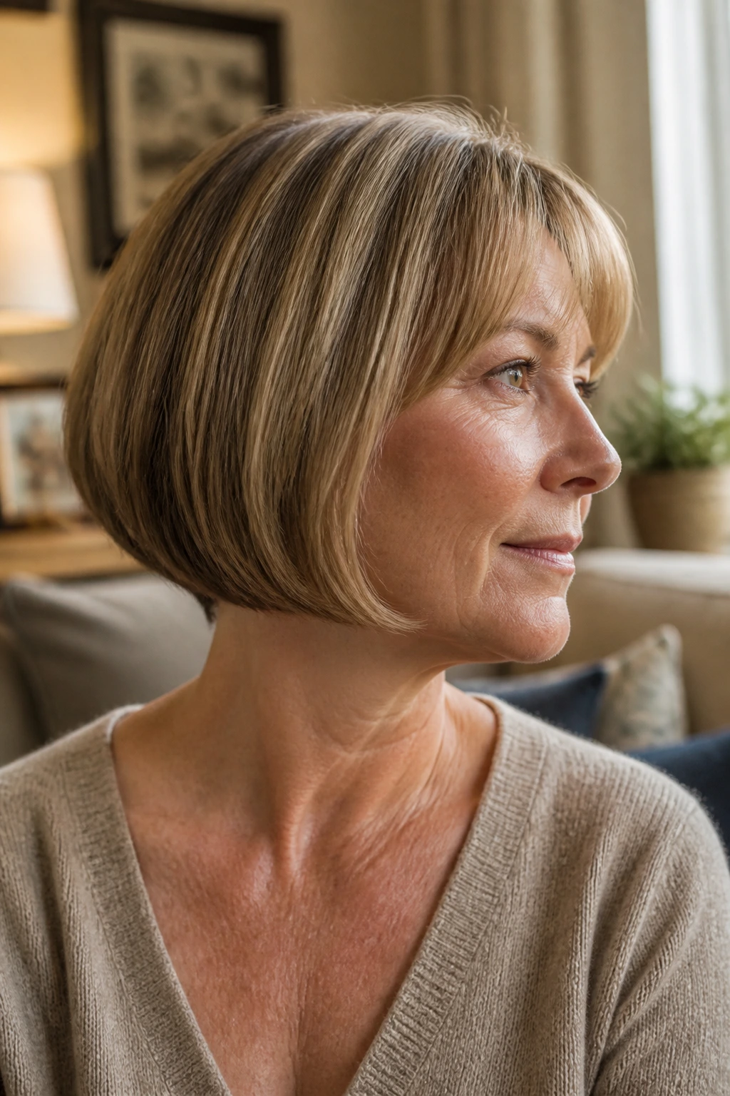 Close-up portrait of a woman with neck-grazing pageboy hairstyle in a cozy living room setting
