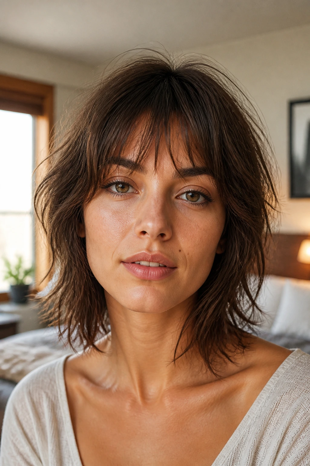 Close-up of real woman with Neck-Grazing Shag and piecey bangs softening the forehead