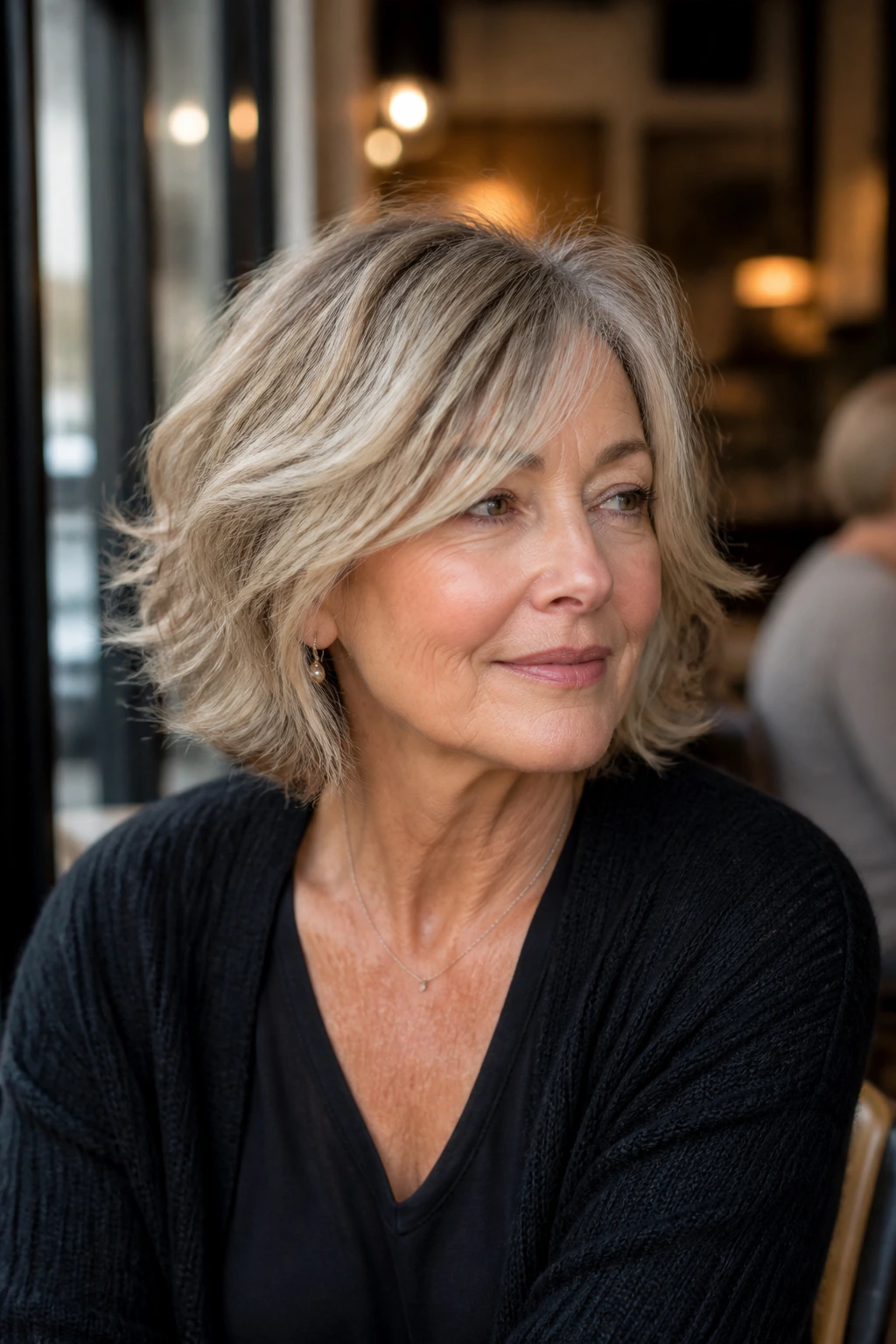 Portrait of a real woman with neck-grazing soft shag hairstyle