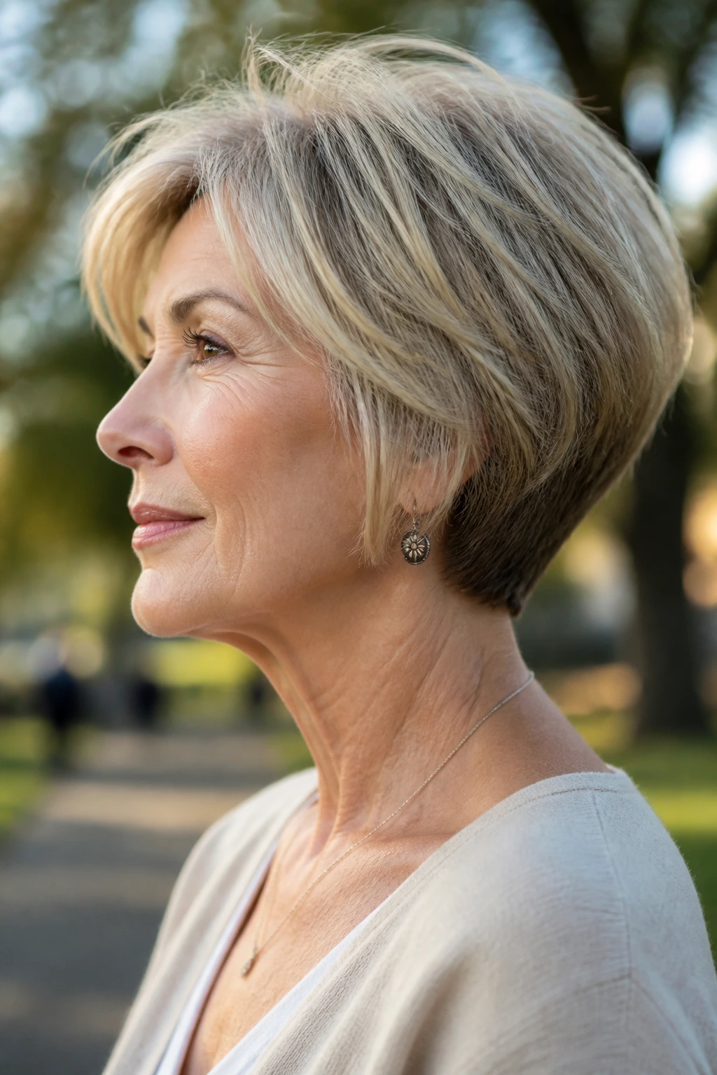 Close-up of a real woman with neck-grazing wedge cut in an urban park