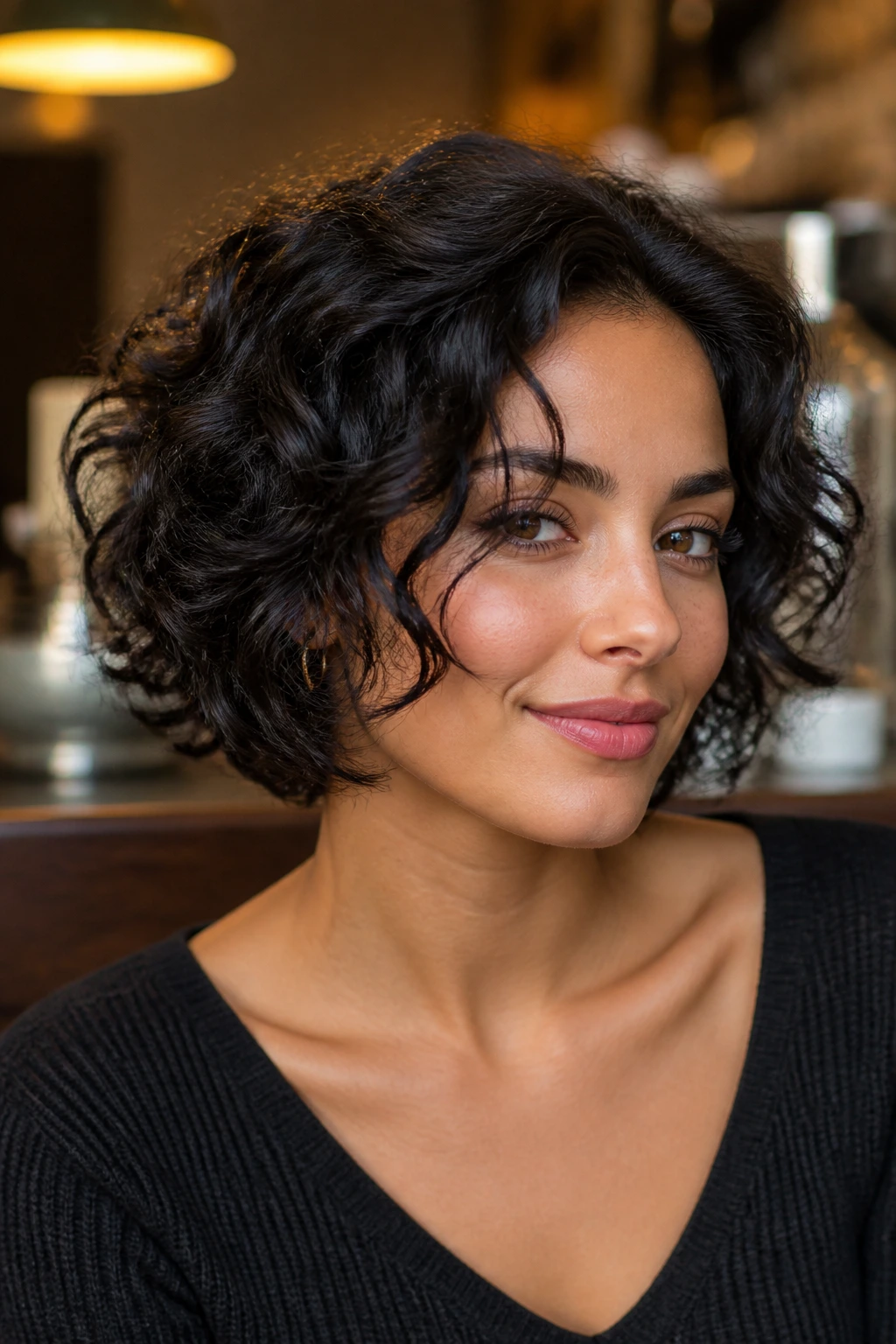 Close-up portrait of a real woman with neck-hugging layered bob.