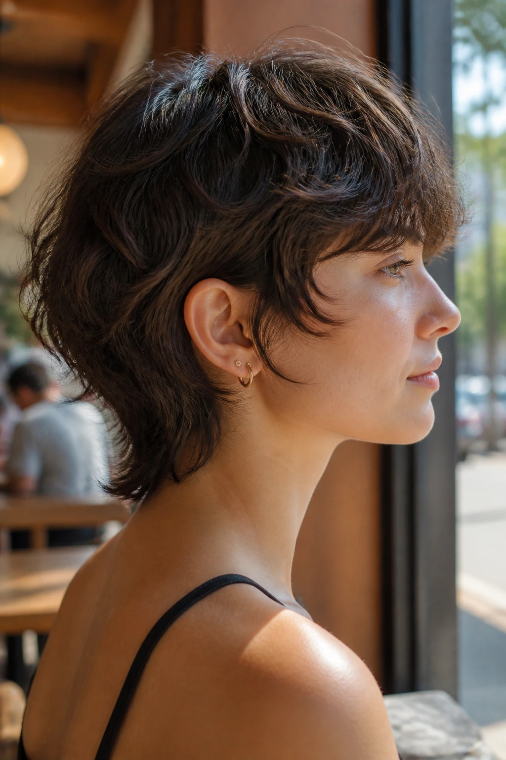 Profile close-up of a real person with neck-hugging shag showing tapered nape