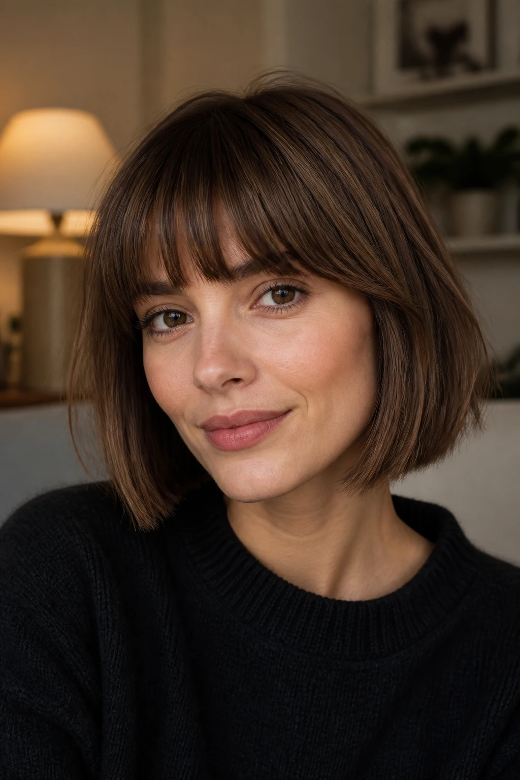 Close-up of a woman with neck-length bob and soft blunt bangs in a warm living room.