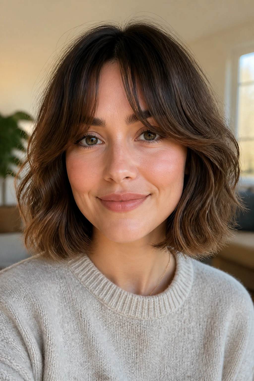 Close-up portrait of a real woman with neck-length bob and curtain bangs in window light