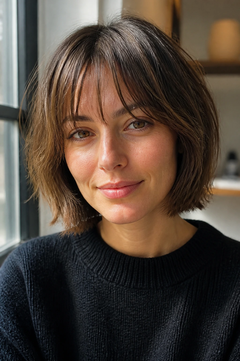 Portrait of a real woman with a neck-length bob and airy feathered fringe by a sunlit window