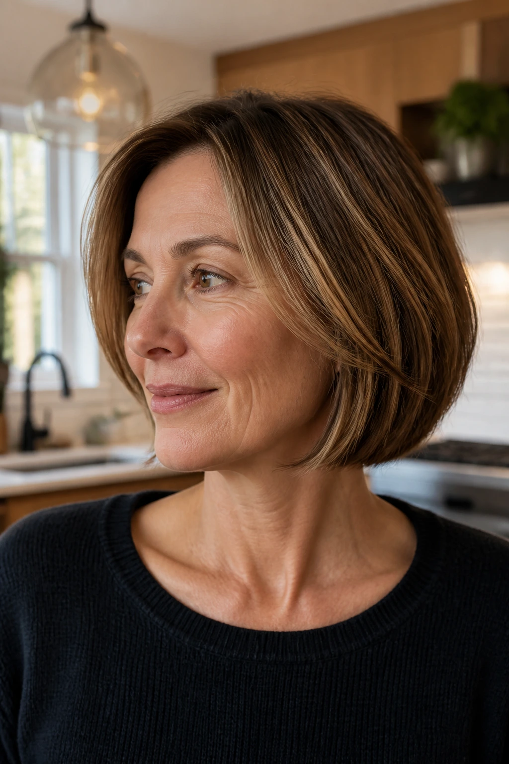 Real woman with neck-length bob and hidden layers.