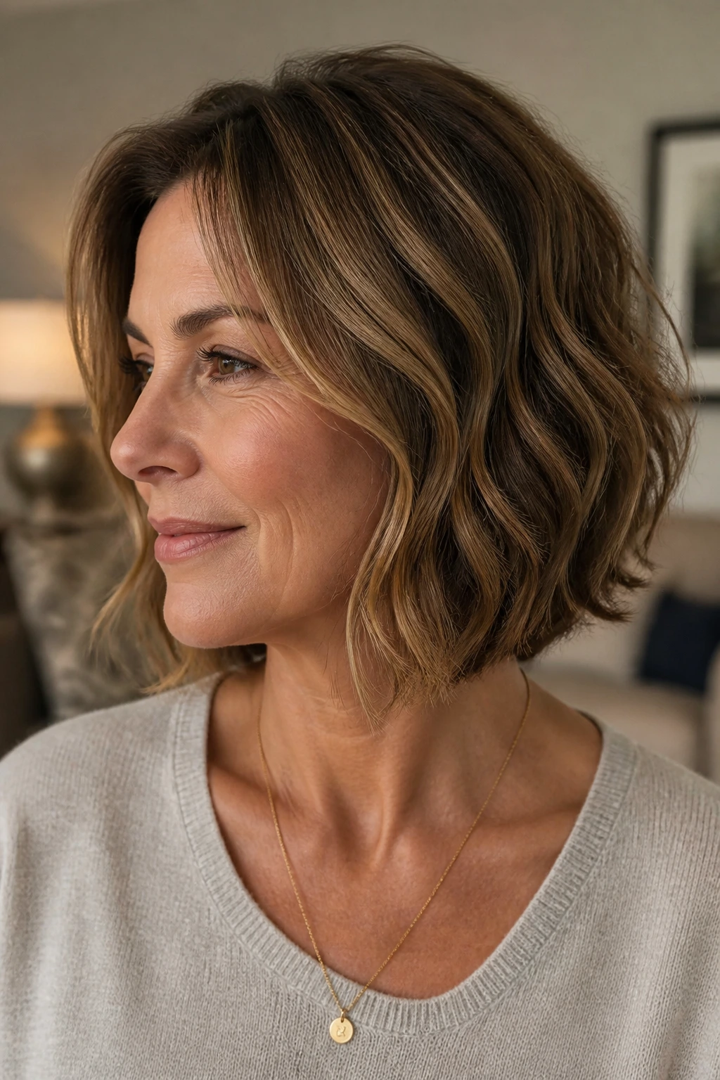 Close-up portrait of a real woman with neck-length bob showing hidden layers