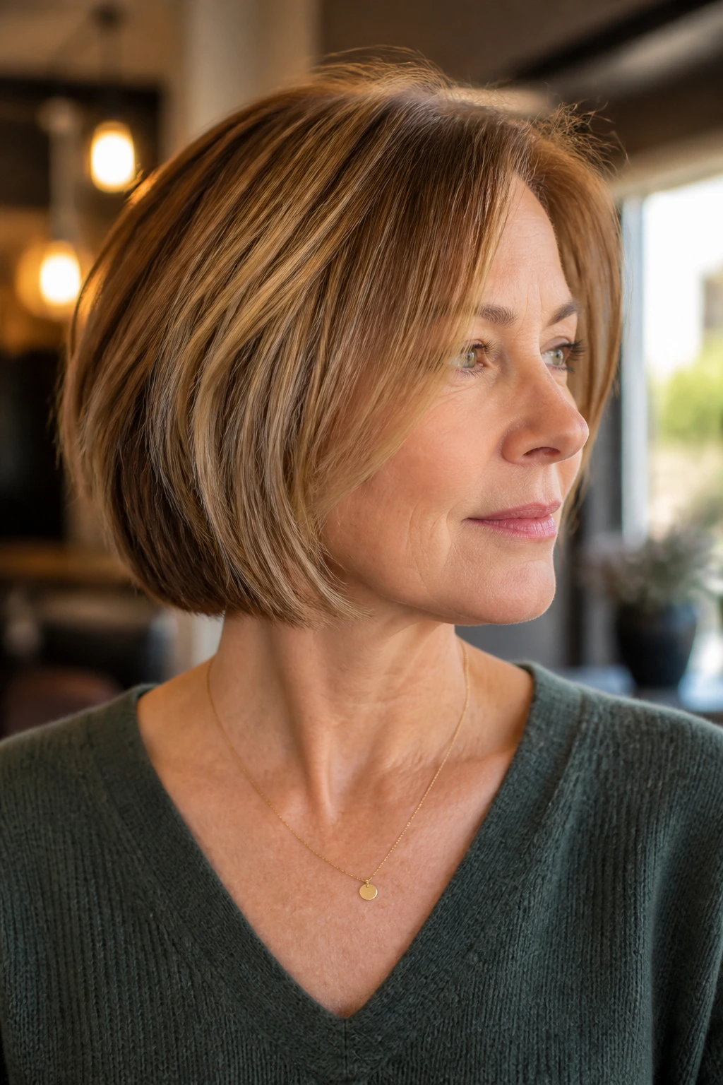 Close-up portrait of a real woman with a neck-length bob featuring internal layers.